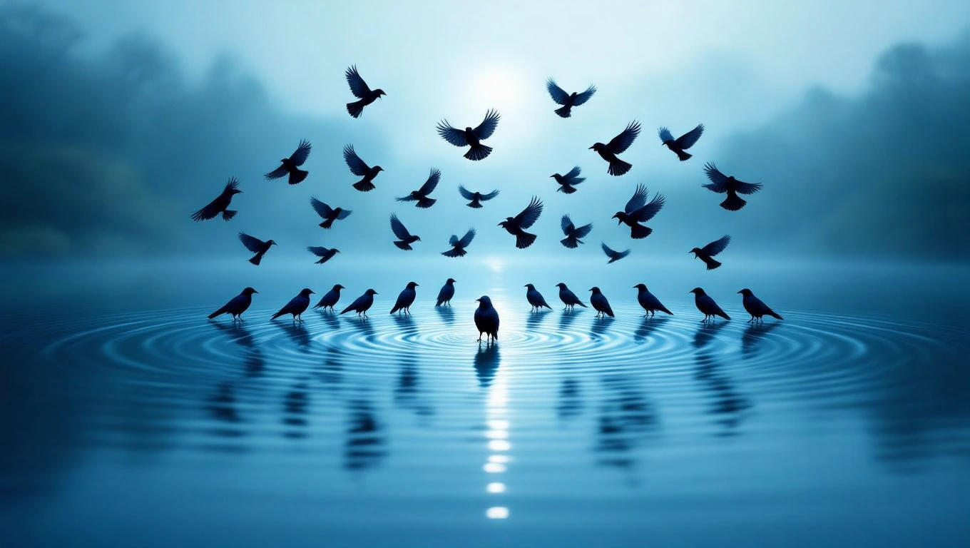 Egy vízfelületen álló varjú, körülötte repülő és álló madarak.