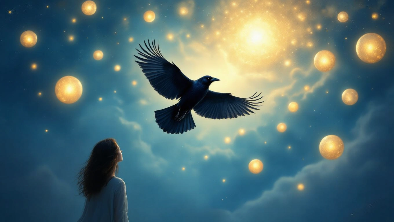 Egy varjú repül egy csillagos éjszakai égbolton, miközben egy nő figyeli.