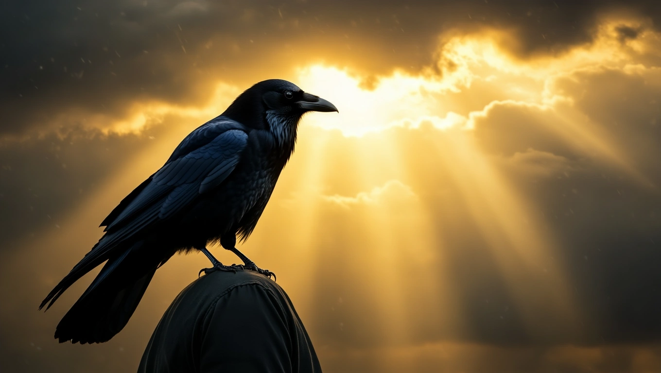 Egy varjú ül egy ember vállán, háttérben napfényes felhők.