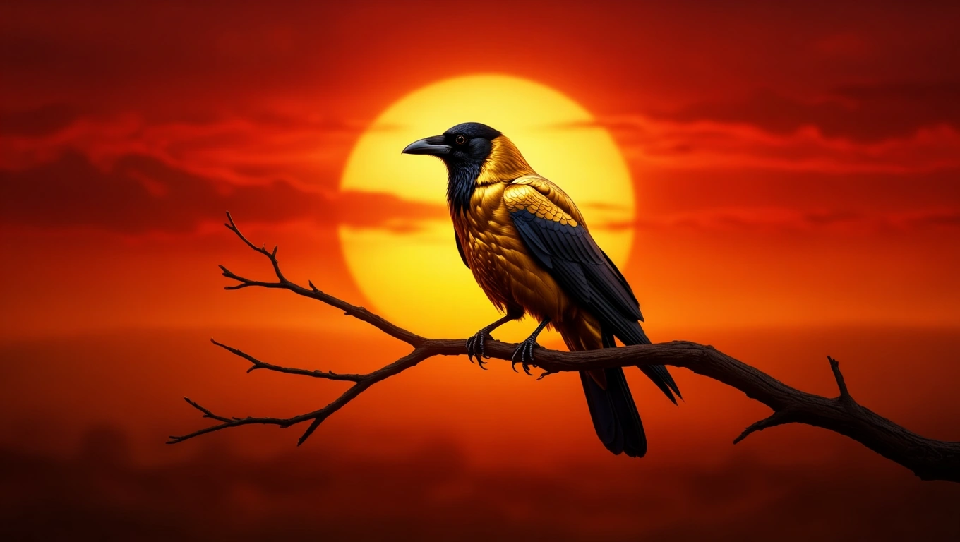 Egy varjú ül egy ágon, háttérben naplementével és narancssárga égbolttal.