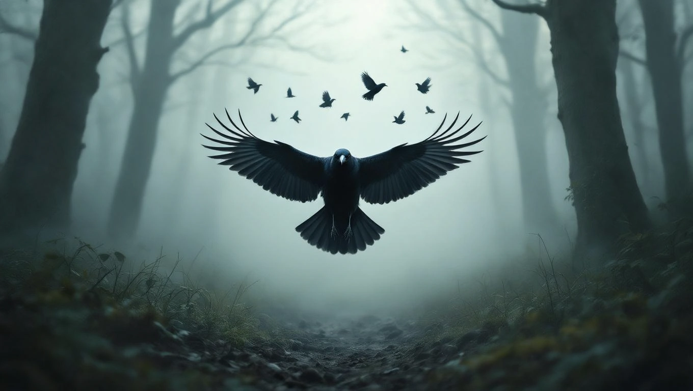 Egy varjú szárnyait kitárva repül a ködös erdőben, körülötte kisebb varjak.