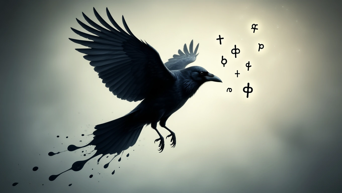 Egy varjú szárnyait kitárva repül, körülötte szimbólumok lebegnek.