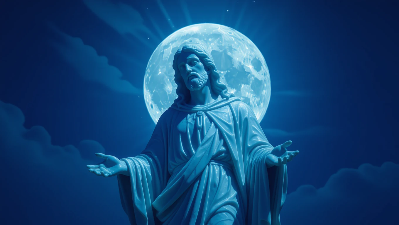 Egy védőszent szobra, háttérben teliholddal, misztikus hangulatban.