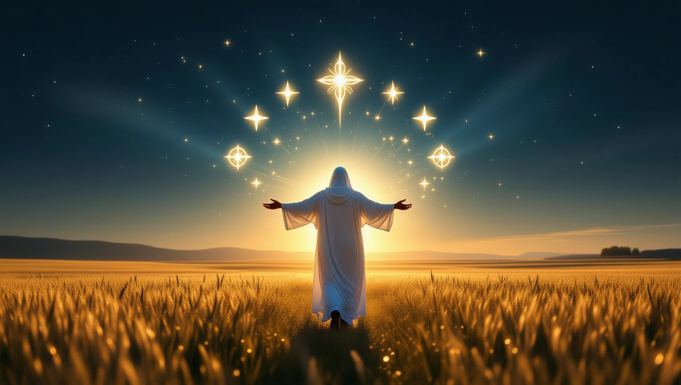 Egy fehér ruhás alak áll a napfelkeltében, kezét az ég felé emeli.