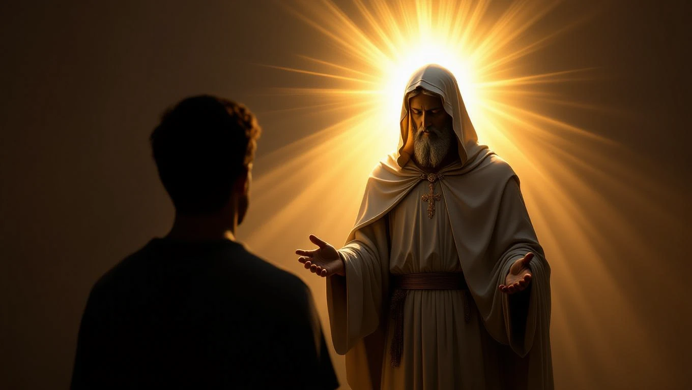 Egy férfi áll egy védőszent előtt, aki fényben ragyog, nyújtott kezekkel.