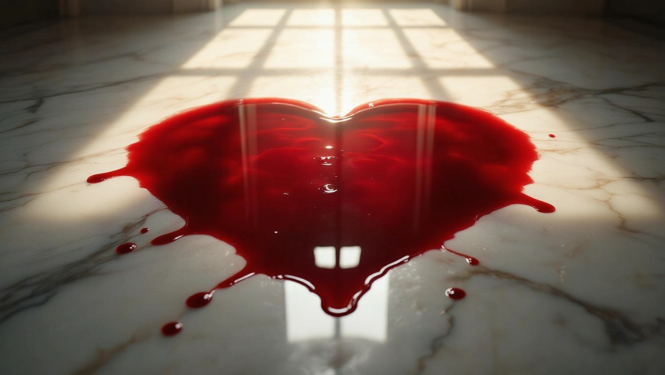 Mit jelent saját vérről álmodni? – Részletes álomfejtés és értelmezés Egy márványpadlón elterülő vér, szív alakban formálódva, erőteljes érzelmeket sugall.