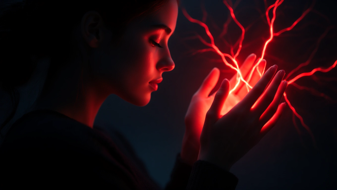 Mit jelent saját vérről álmodni? – Részletes álomfejtés és értelmezés Egy női alak, aki kezében vörös fényt tart, mély gondolkodásban.