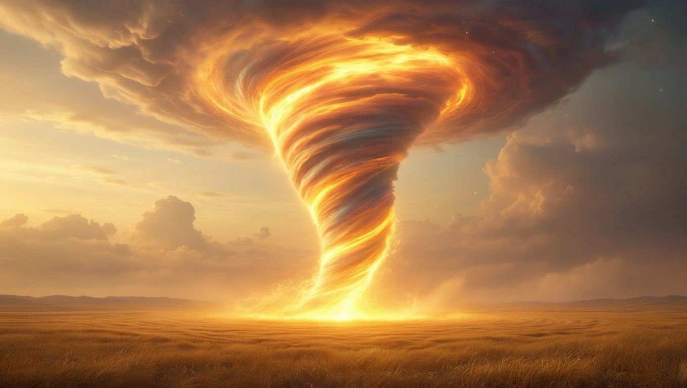 Mit jelent viharral álmodni? – Részletes álomfejtés és értelmezés Egy hatalmas, lángoló tornádó emelkedik a horizont felett, aranysárga mező előtt.