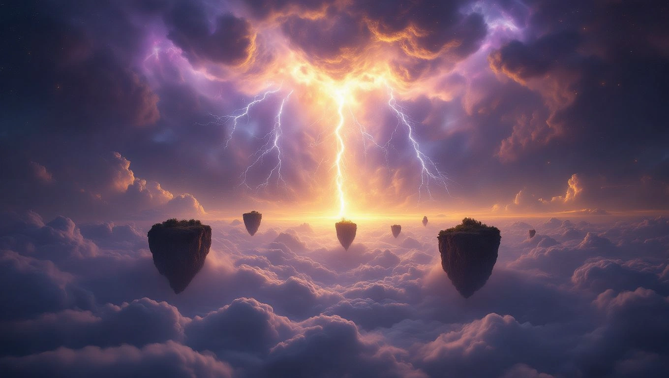 Mit jelent viharral álmodni? – Részletes álomfejtés és értelmezés Felhők között villámokkal tarkított viharos égbolt, lebegő szigetekkel.