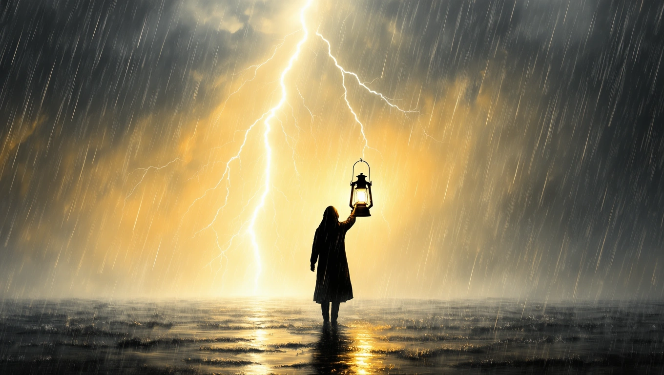 Mit jelent viharral álmodni? – Részletes álomfejtés és értelmezés Egy sötét vihart idéző táj, ahol egy ember lámpással áll a vízben, villámcsapásokkal a háttérben.
