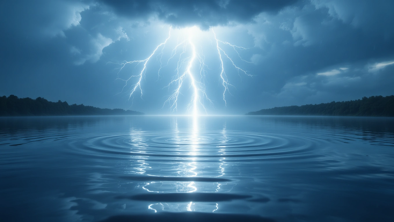 Mit jelent viharral álmodni? – Részletes álomfejtés és értelmezés Villámcsapás a víz fölött, sötét felhők között, viharos hangulatban.