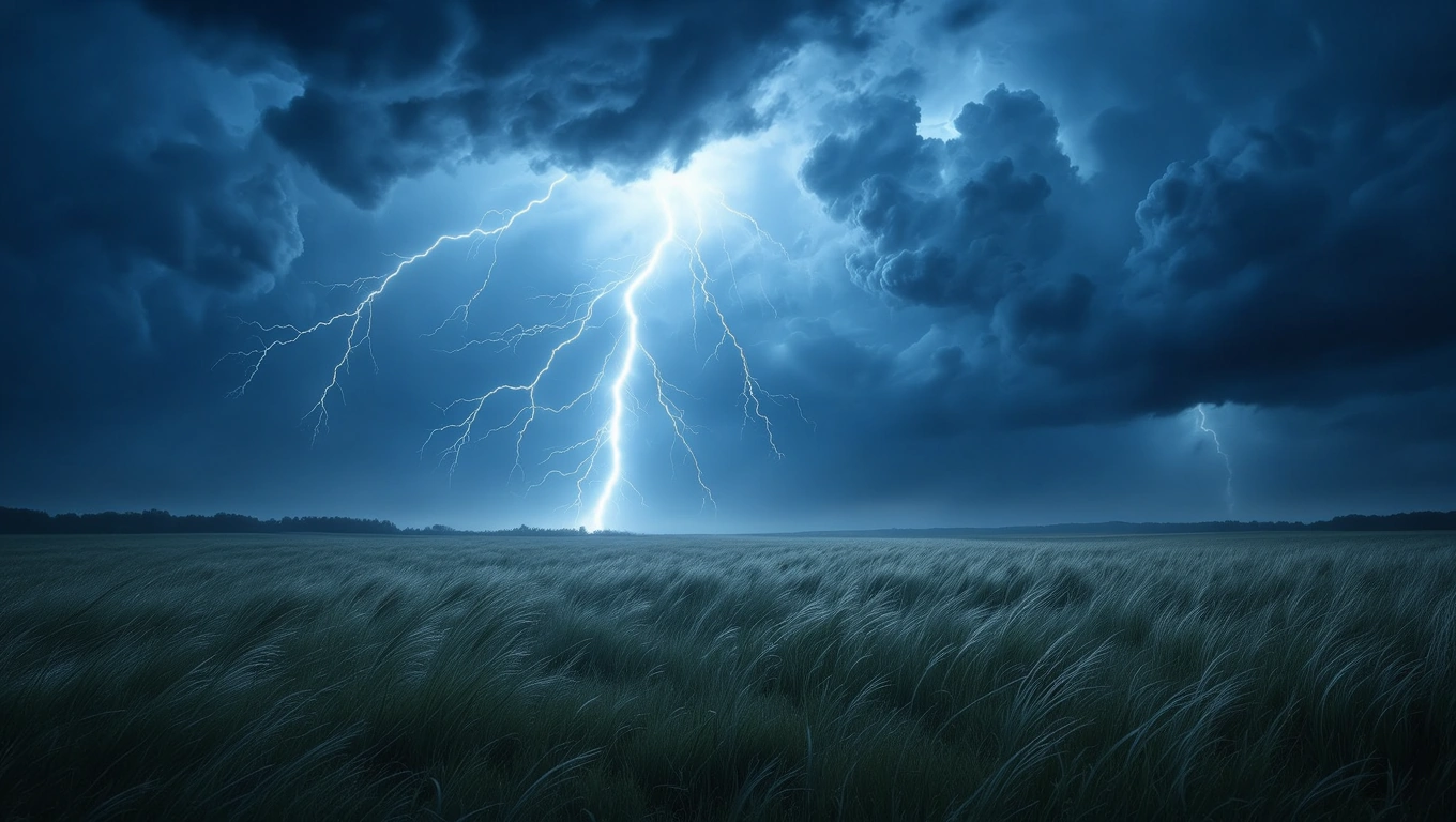 Mit jelent viharral álmodni? – Részletes álomfejtés és értelmezés Sötét felhők között villám csap le egy mezőre, viharos időjárásban.