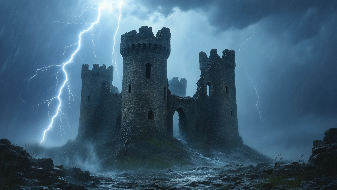 Mit jelent kastéllyal álmodni? – Részletes álomfejtés és értelmezés Sötét, viharos égbolt alatt álló romos kastély, villámcsapásokkal körülvéve.
