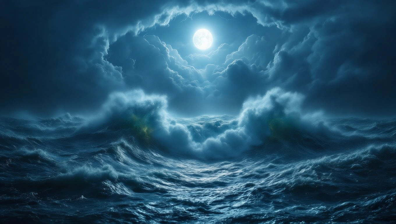 Mit jelent viharral álmodni? – Részletes álomfejtés és értelmezés Sötét, viharos tenger hullámai, a hold fénye világít a felhők között.