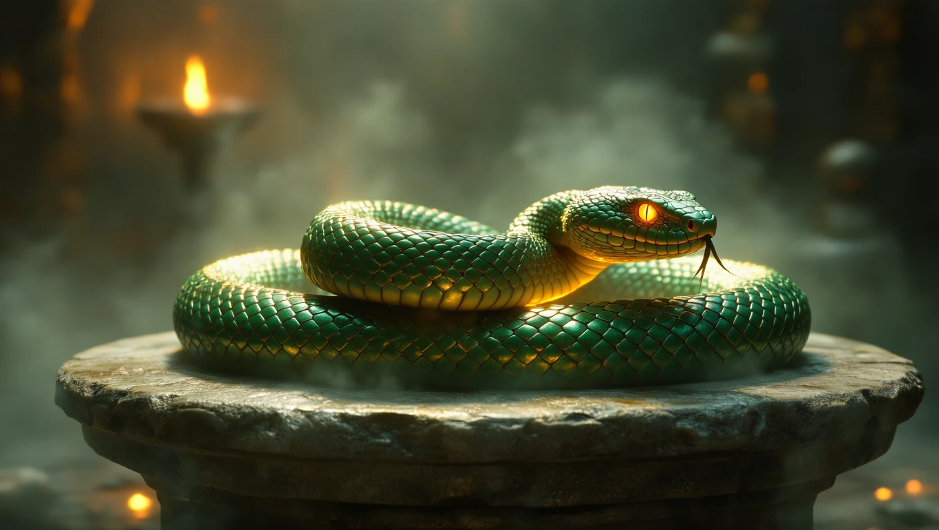Zöld vipera, fénnyel megvilágítva, ködös háttérben, szimbolikus jelentéssel.