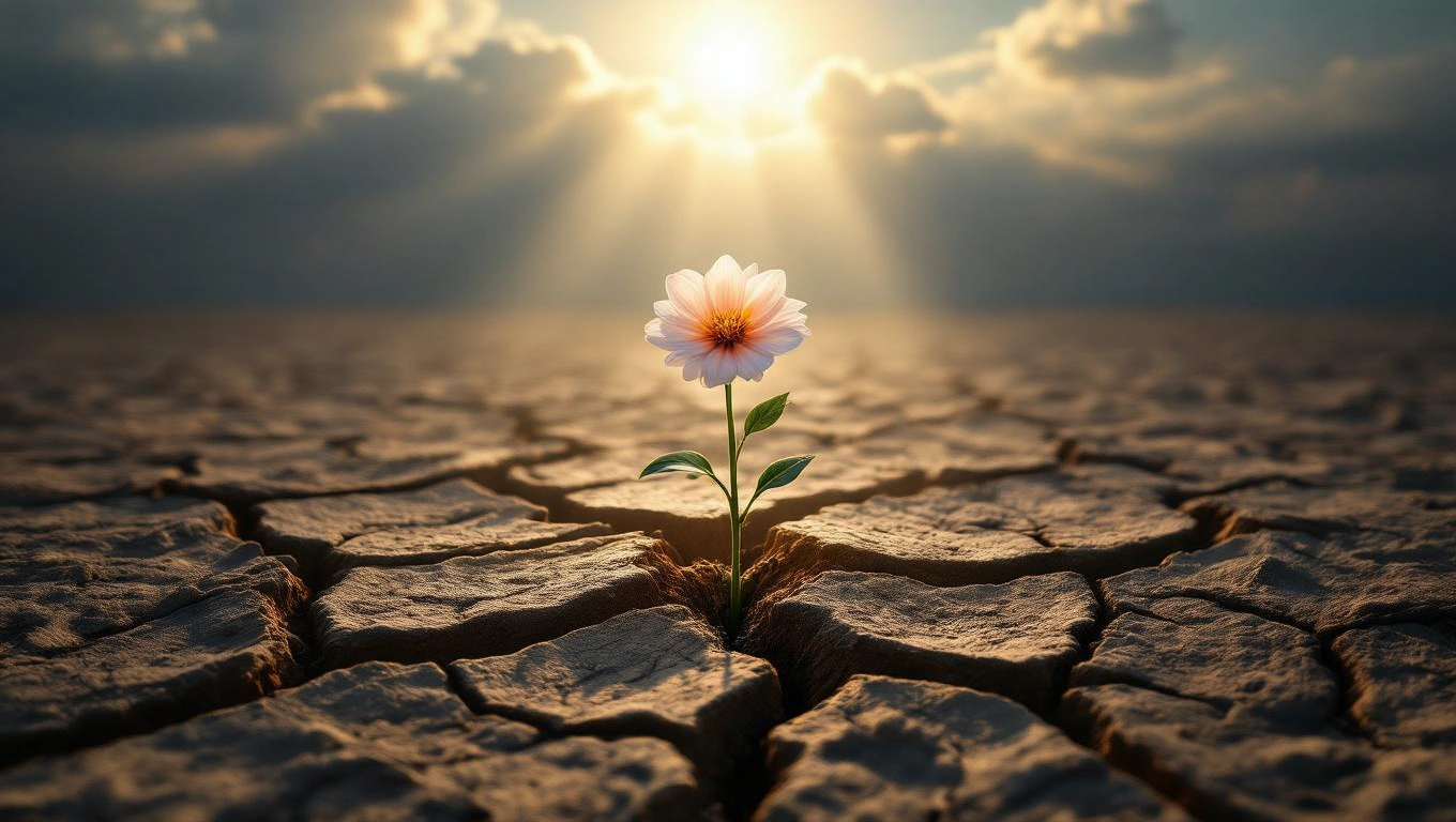 Egy virág nő a száraz, repedezett földben, napfényben.