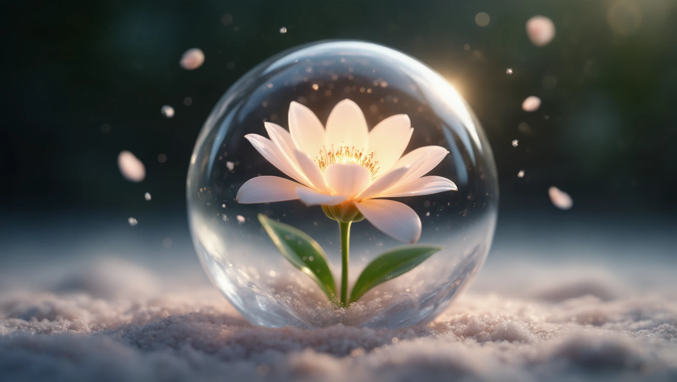 Mit jelent virággal álmodni? – Részletes álomfejtés és értelmezés Egy gyönyörű virág, amely egy üveggömbben bontakozik ki, finom szirmokkal.