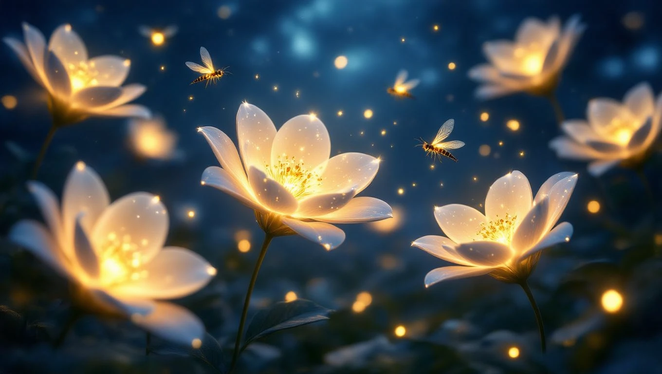 Mit jelent virággal álmodni? – Részletes álomfejtés és értelmezés Fénylő virágok és méhek egy varázslatos, éjszakai tájban.