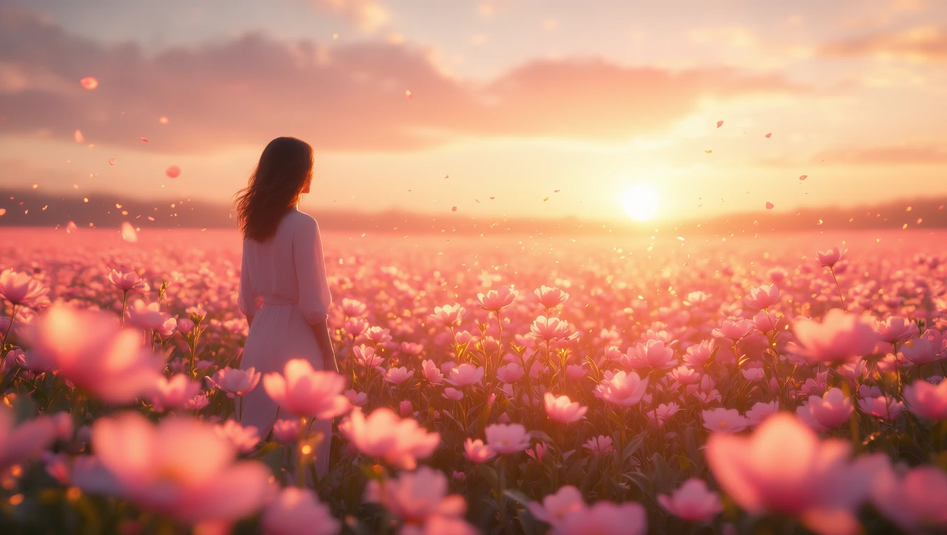 Mit jelent virággal álmodni? – Részletes álomfejtés és értelmezés Egy nő áll egy virágzó mezőn, naplementében, rózsaszín virágok között.