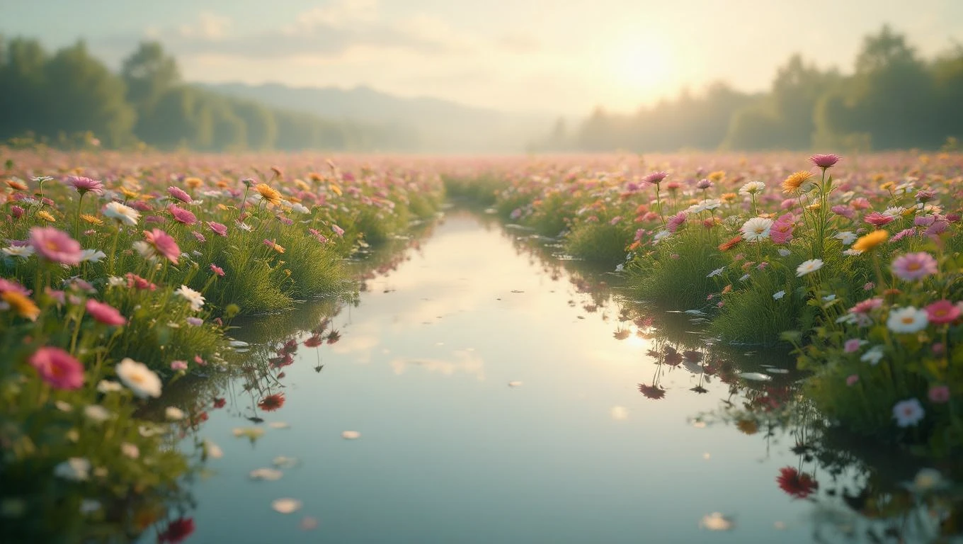 Mit jelent virággal álmodni? – Részletes álomfejtés és értelmezés Egy virágokkal teli mező, középen csillogó vízfolyással, naplementében.