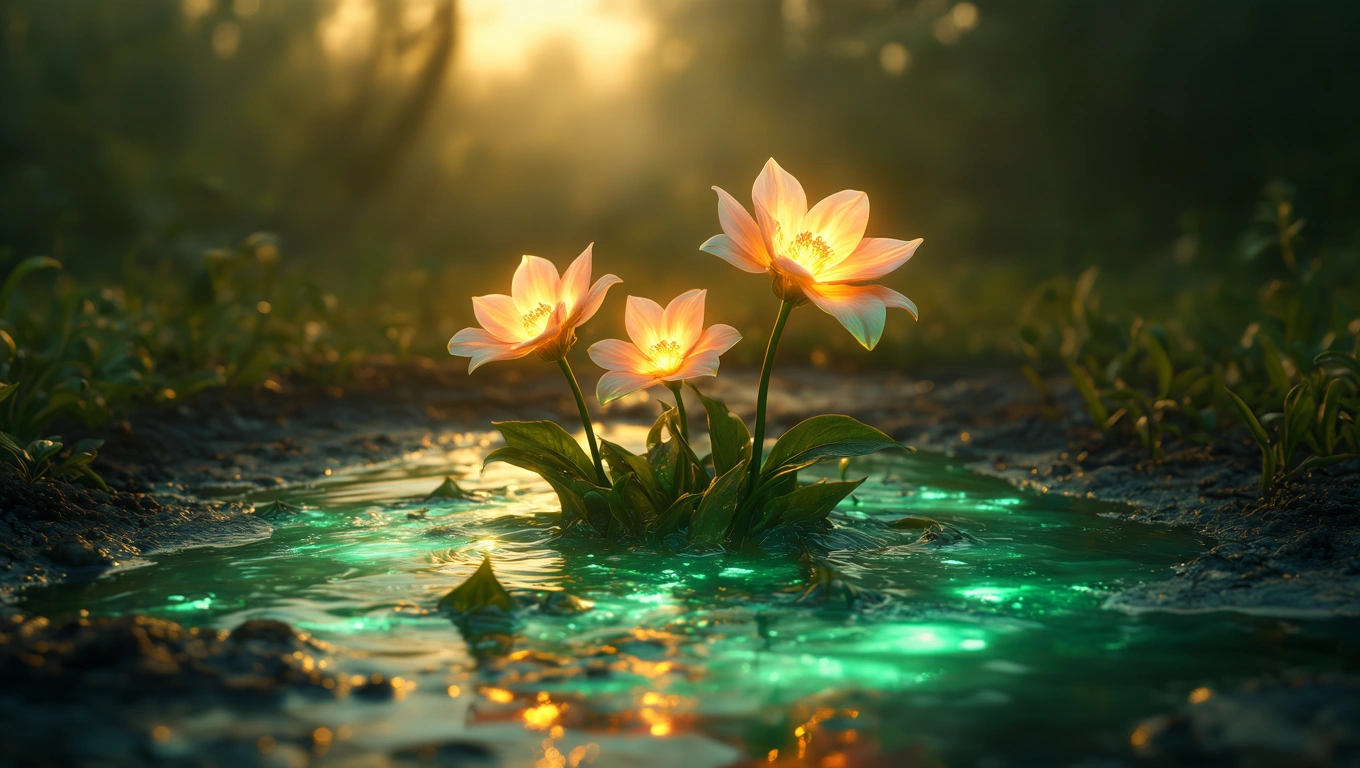 Mit jelent szennyvízzel álmodni? – Részletes álomfejtés és értelmezés Három virág bontogató szirmai egy szennyvízben álló vízfelületen, zöld fénnyel.