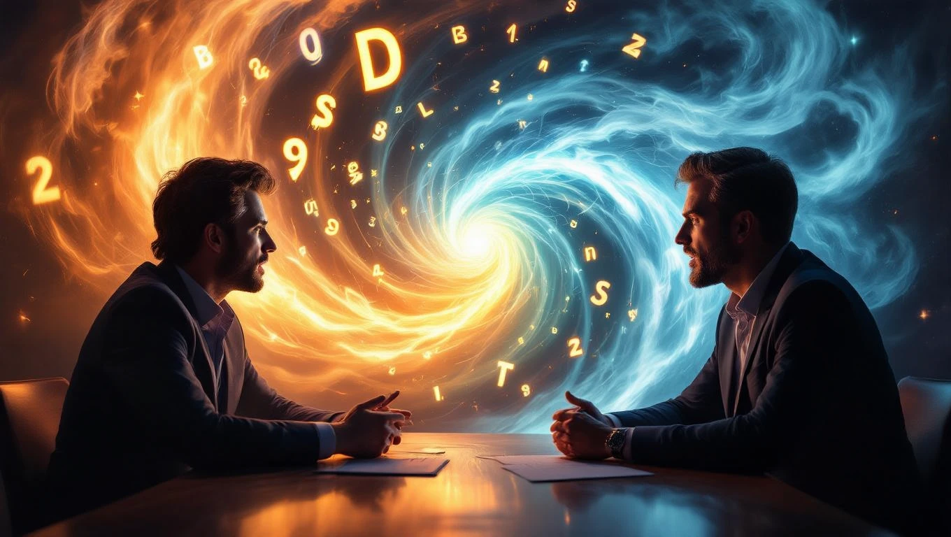 Mit jelent vitával álmodni? – Részletes álomfejtés és értelmezés Két férfi ül egy asztalnál, vitázva, háttérben színes számokkal és betűkkel.