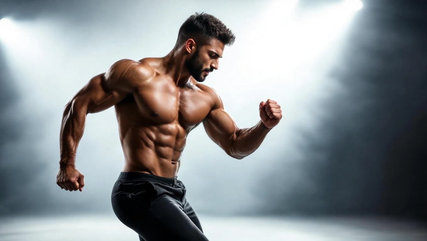 Mit jelent szexi pasikkal álmodni? – Részletes álomfejtés és értelmezés Egy izmos férfi dinamikus mozdulatban, izgalmas és vonzó megjelenéssel.