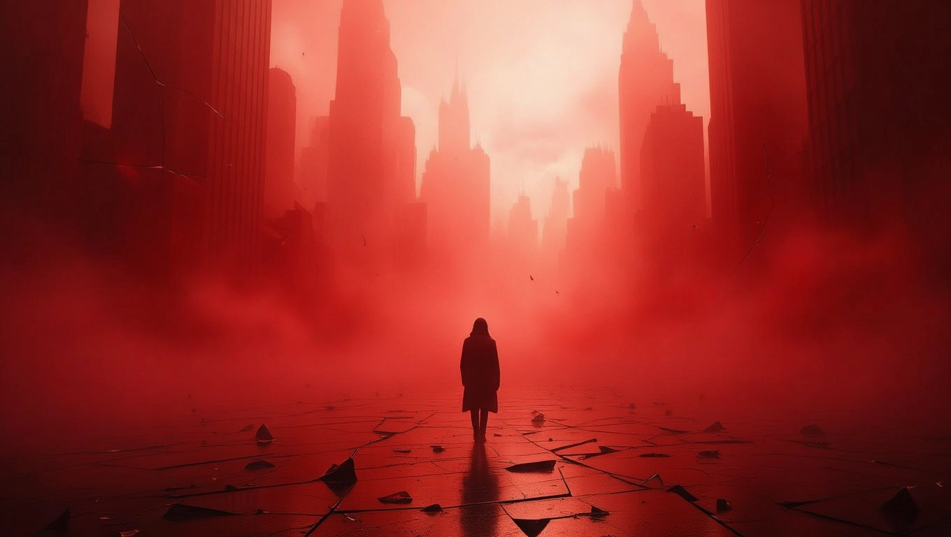 Mit jelent emberölésről álmodni? – Részletes álomfejtés és értelmezés Egy magányos alak áll egy vörös ködben, romos város háttérrel.