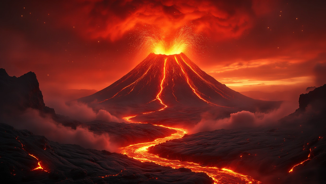 Mit jelent robbanással álmodni? – Részletes álomfejtés és értelmezés Egy vulkán robbanása, lávafolyam és füst a sötét ég alatt.