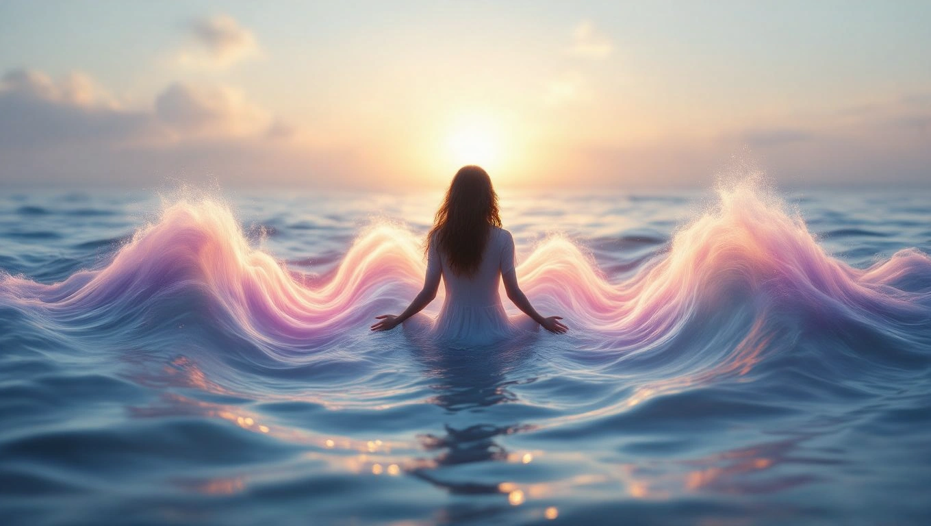 Mit jelent zenével álmodni? – Részletes álomfejtés és értelmezés Egy nő ül a vízben, mögötte színes hullámok és naplemente.