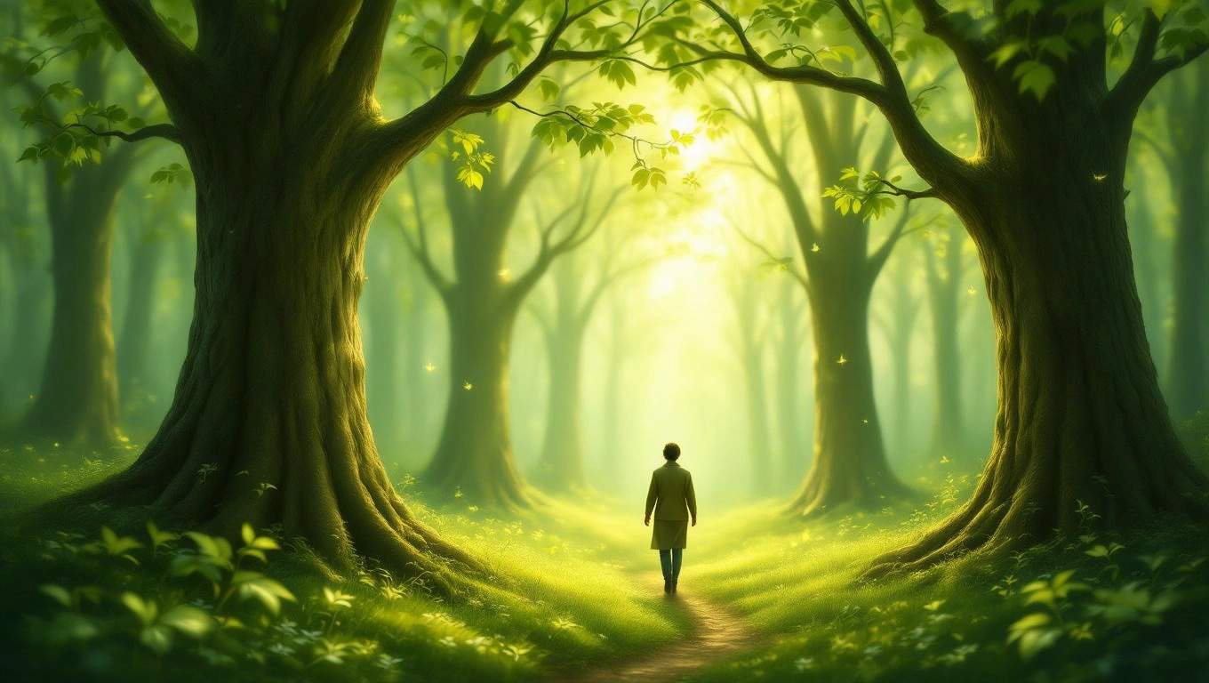 Mit jelent zenével álmodni? – Részletes álomfejtés és értelmezés Egy személy sétál egy zöld erdőben, ahol a fény átszűrődik a fák között.