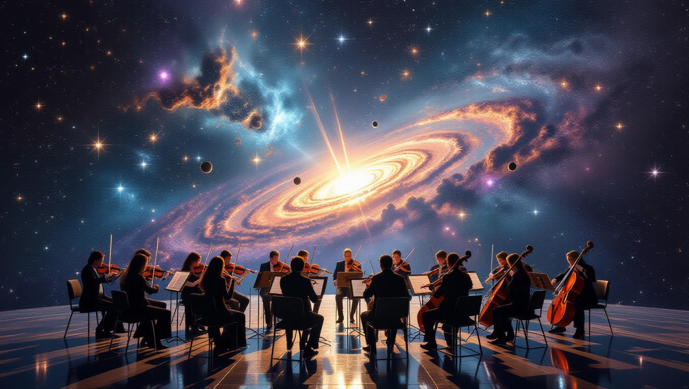 Mit jelent hangszerrel álmodni? – Részletes álomfejtés és értelmezés Egy zenekar játszik a világűrben, csillagok és galaxisok között.