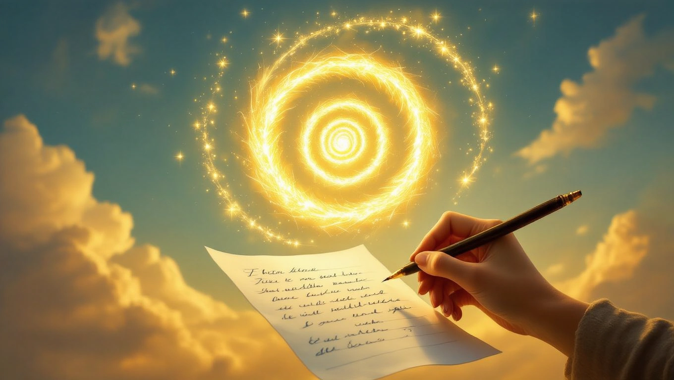 Mit jelent zenével álmodni? – Részletes álomfejtés és értelmezés Egy kéz egy papírlapon ír, miközben aranyszínű spirál formájú fények ragyognak az égen.