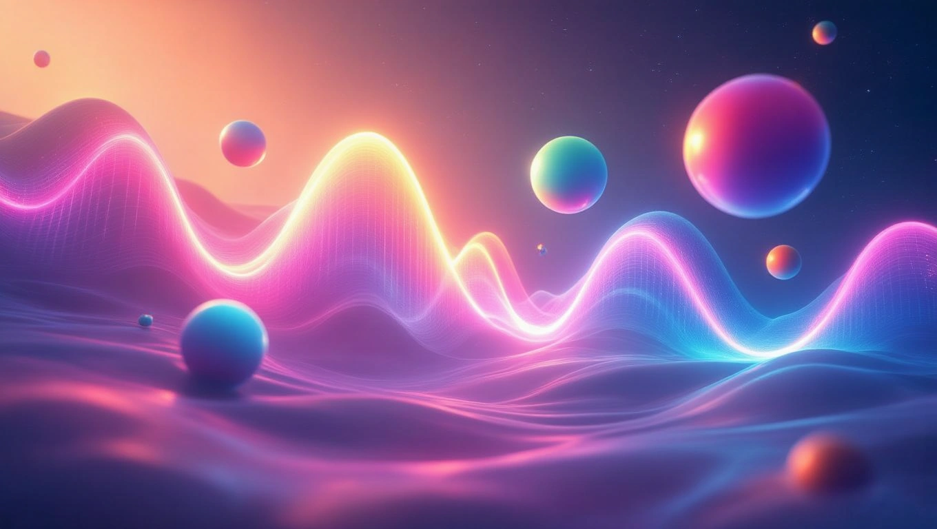 Mit jelent zenével álmodni? – Részletes álomfejtés és értelmezés Absztrakt zenei hullámok és színes gömbök egy álomszerű tájban.