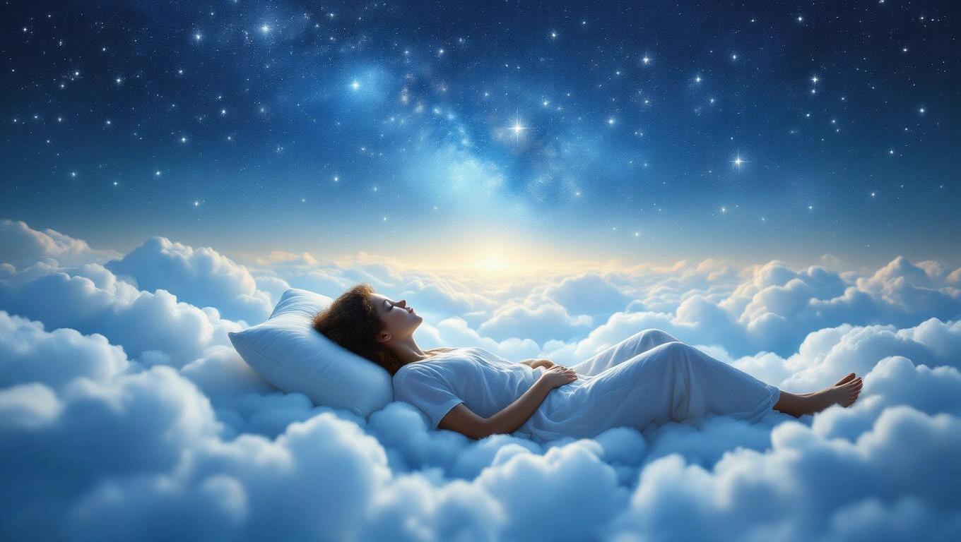 Mit jelent zenével álmodni? – Részletes álomfejtés és értelmezés Egy nő álmodik a felhők között, csillagos ég alatt, békésen pihenve.