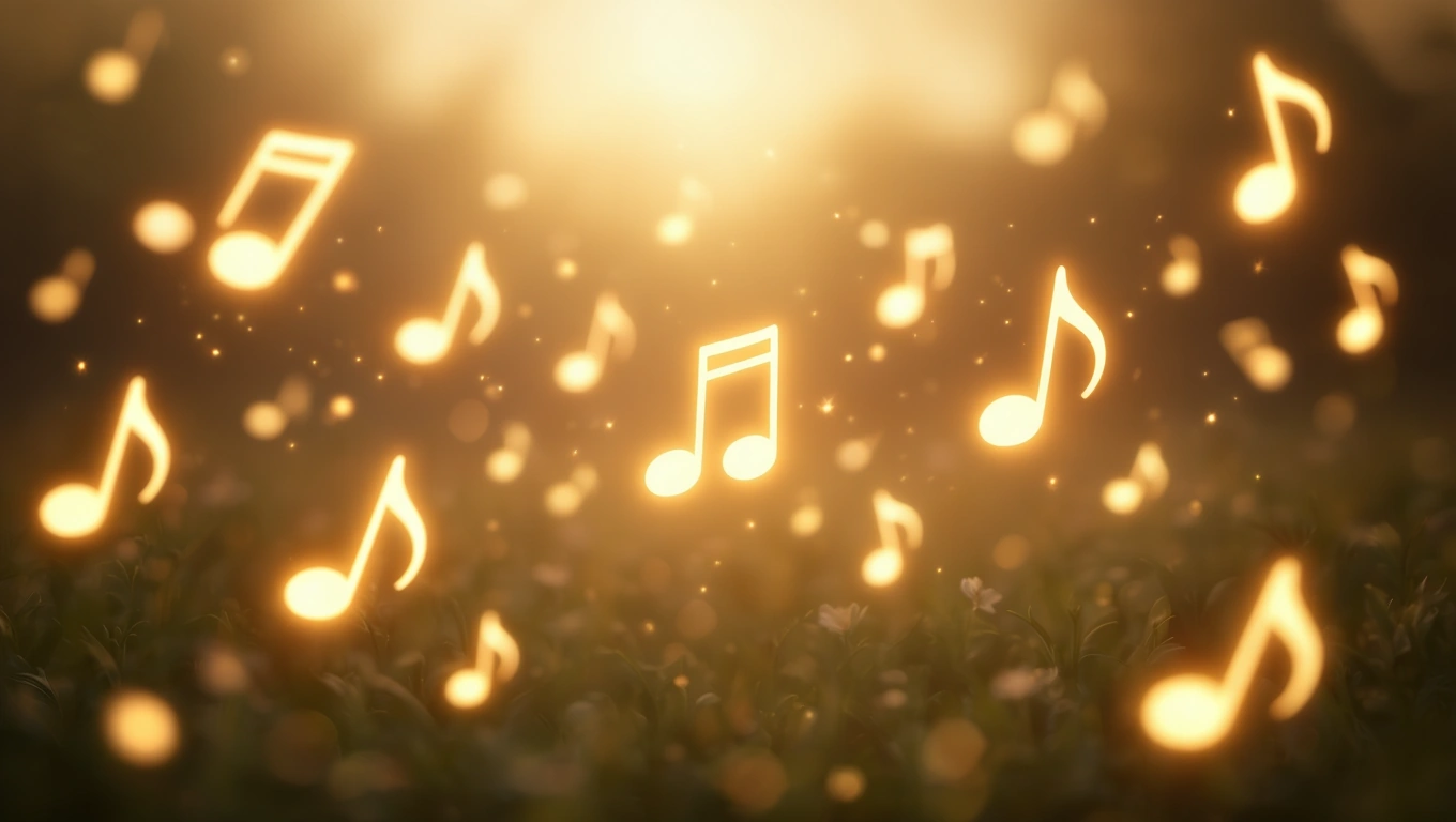 Mit jelent zenével álmodni? – Részletes álomfejtés és értelmezés Aranyszínű zenei jegyek lebegnek egy napfényes háttér előtt.