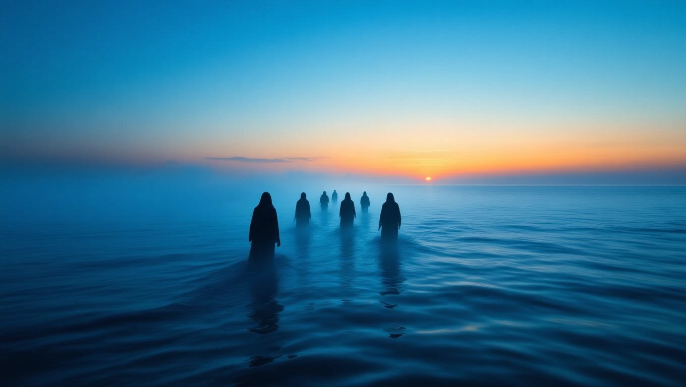 Mit jelent zombikkal álmodni? – Részletes álomfejtés és értelmezés Sötét alakok sétálnak a vízben, háttérben naplementével és köddel.