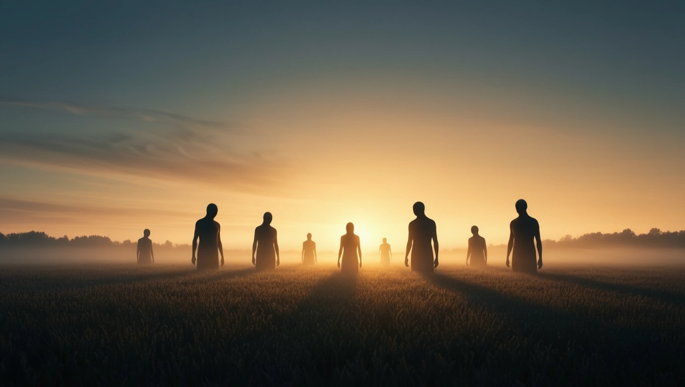 Mit jelent zombikkal álmodni? – Részletes álomfejtés és értelmezés Zombiként megjelenő alakok sétálnak egy ködös mezőn naplementében.