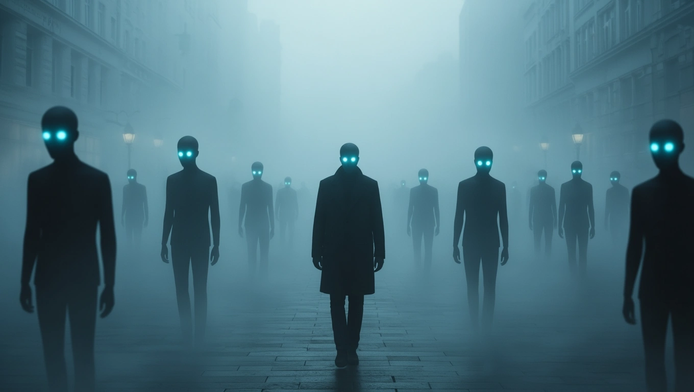 Mit jelent zombikkal álmodni? – Részletes álomfejtés és értelmezés Ködös utcában zombi alakok sétálnak, kék fényű szemekkel.