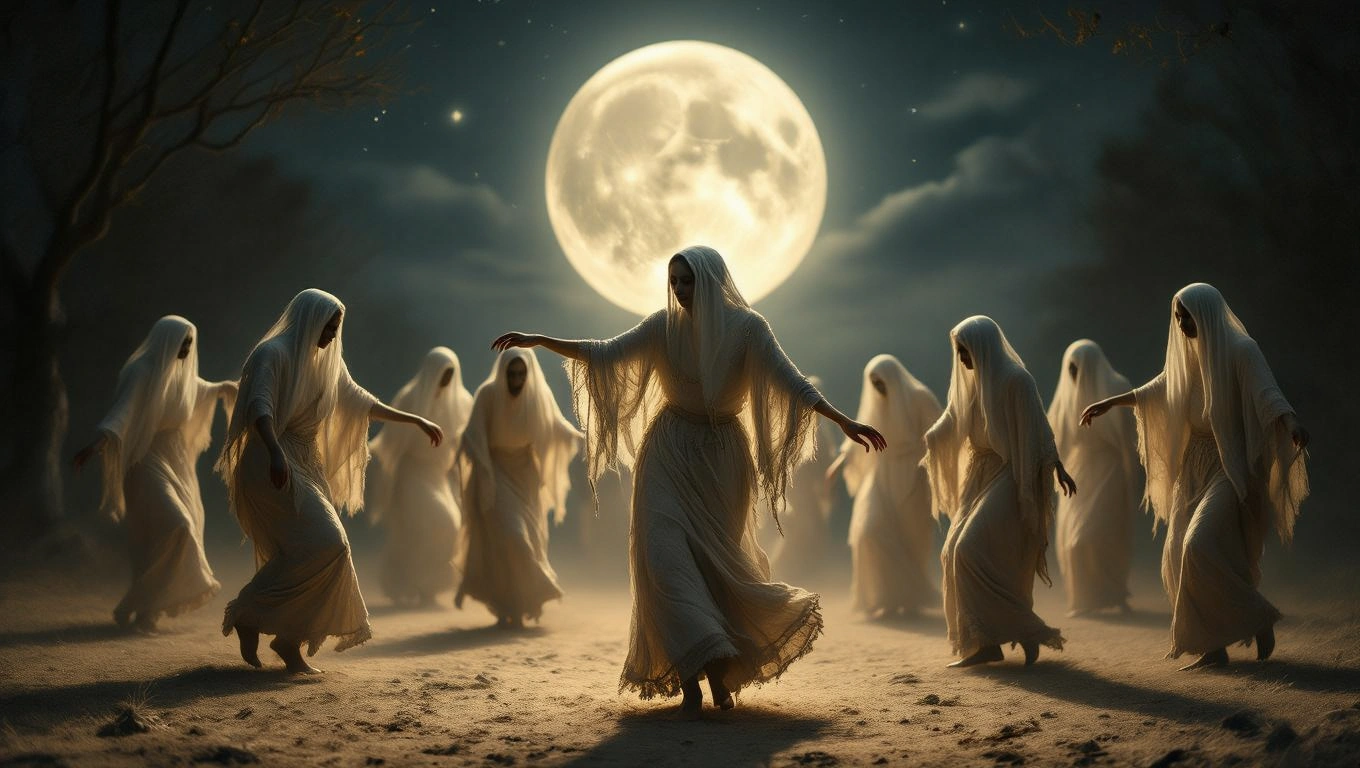 Mit jelent zombikkal álmodni? – Részletes álomfejtés és értelmezés Egy csoport fehér ruhás, fátyolos alak táncol a telihold fényében.