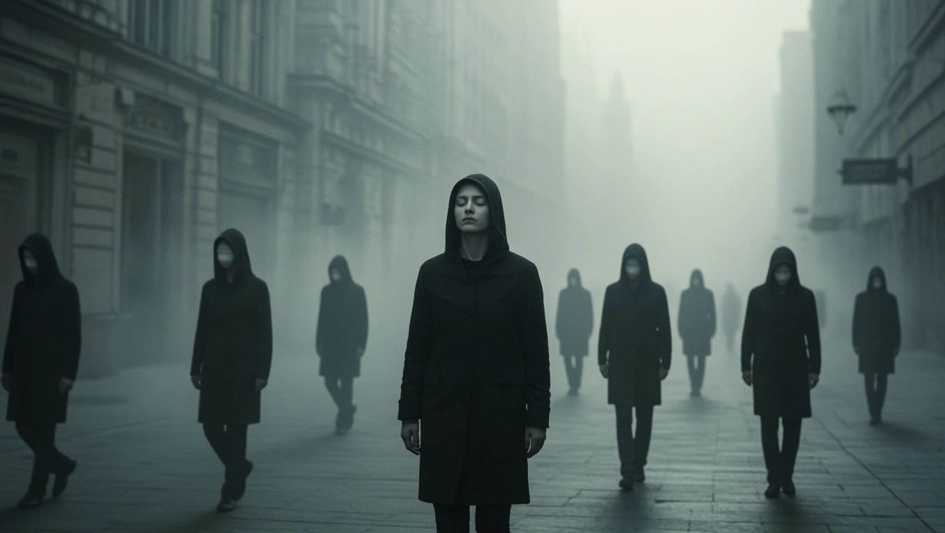 Mit jelent zombikkal álmodni? – Részletes álomfejtés és értelmezés Egy ködös utcán zombi alakok állnak, egy nő középen, zárt szemmel.