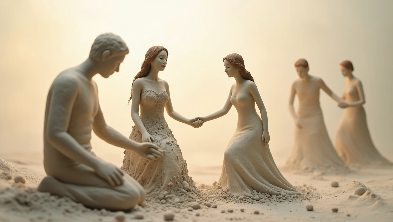 Mit jelent zombikkal álmodni? – Részletes álomfejtés és értelmezés Homokból készült szobrok, amelyek embereket ábrázolnak, zombi témában.