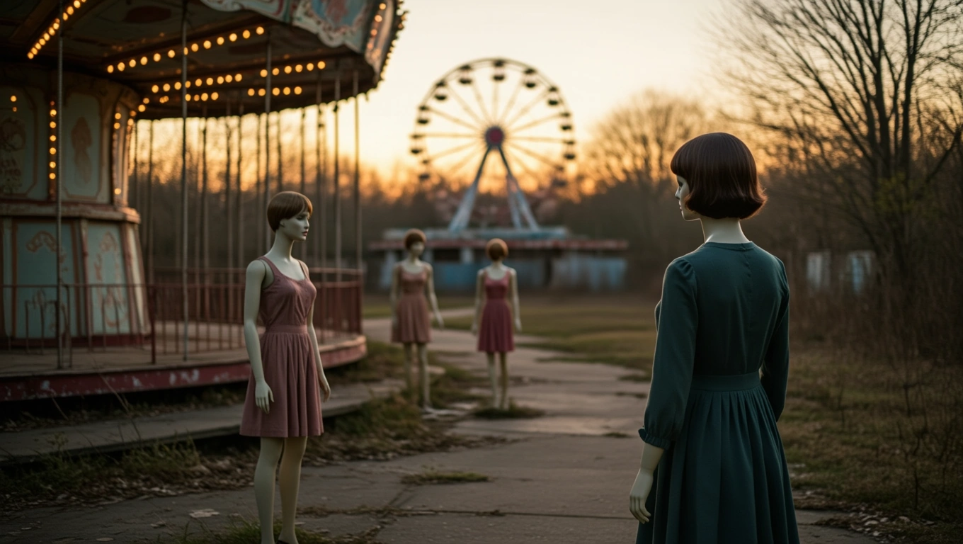 Mit jelent zombikkal álmodni? – Részletes álomfejtés és értelmezés Elhagyatott vidámparkban álló manökenek, hátborzongató hangulatban.