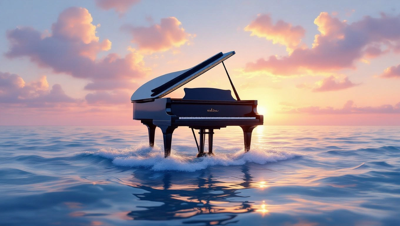 Mit jelent zenével álmodni? – Részletes álomfejtés és értelmezés Egy zongora lebeg a vízen, a naplemente színei tükröződnek a vízben.