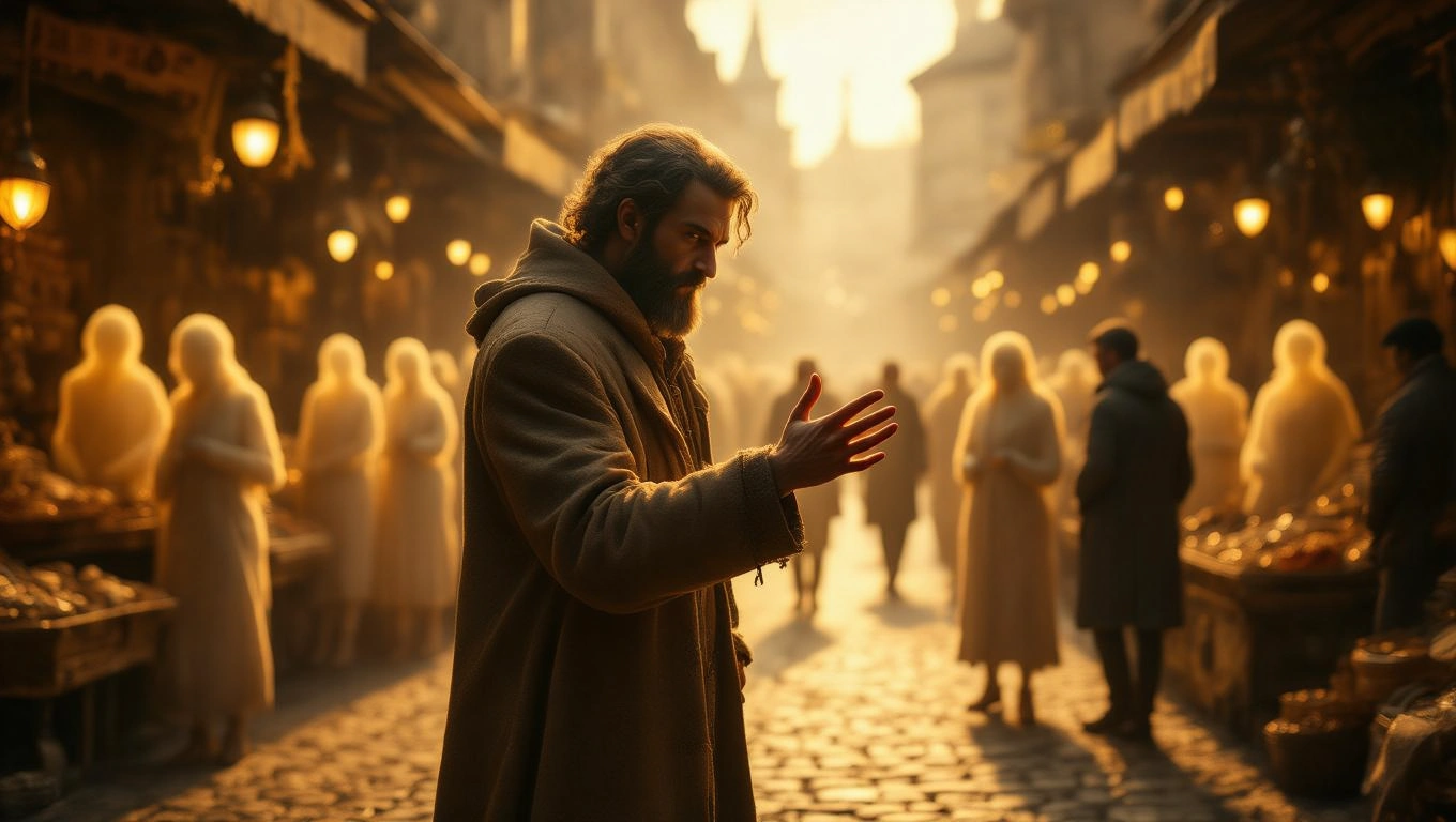 Mit jelent zsebtolvajjal álmodni? – Részletes álomfejtés és értelmezés Egy férfi áll egy piacon, körülötte homályos alakok, ami a zsebtolvajlás szimbolikáját idézi.