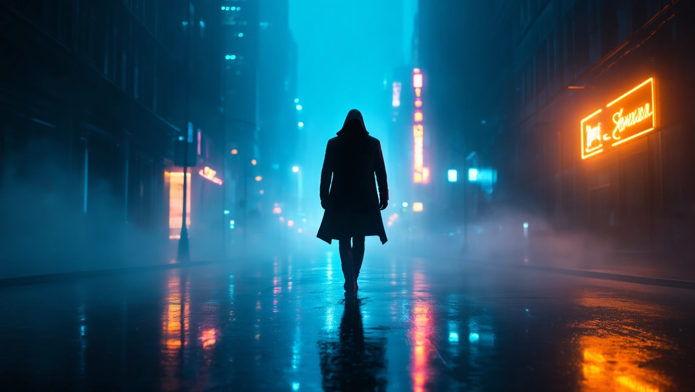 Mit jelent zsebtolvajjal álmodni? – Részletes álomfejtés és értelmezés Egy sötét utcán egy kapucnis alak sétál, köd és neonfények között.
