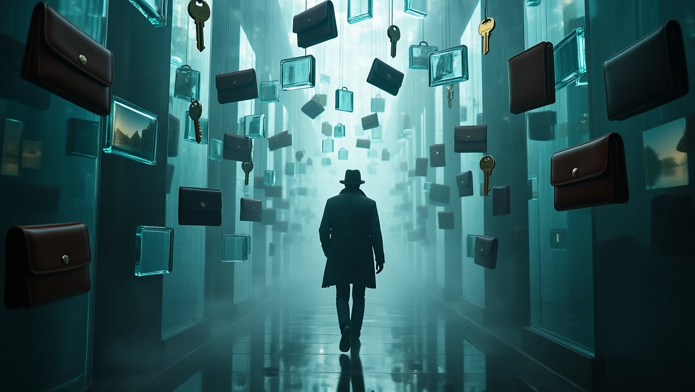 Mit jelent zsebtolvajjal álmodni? – Részletes álomfejtés és értelmezés Egy titokzatos alak sétál egy ködös folyosón, ahol pénztárcák és kulcsok lebegnek.