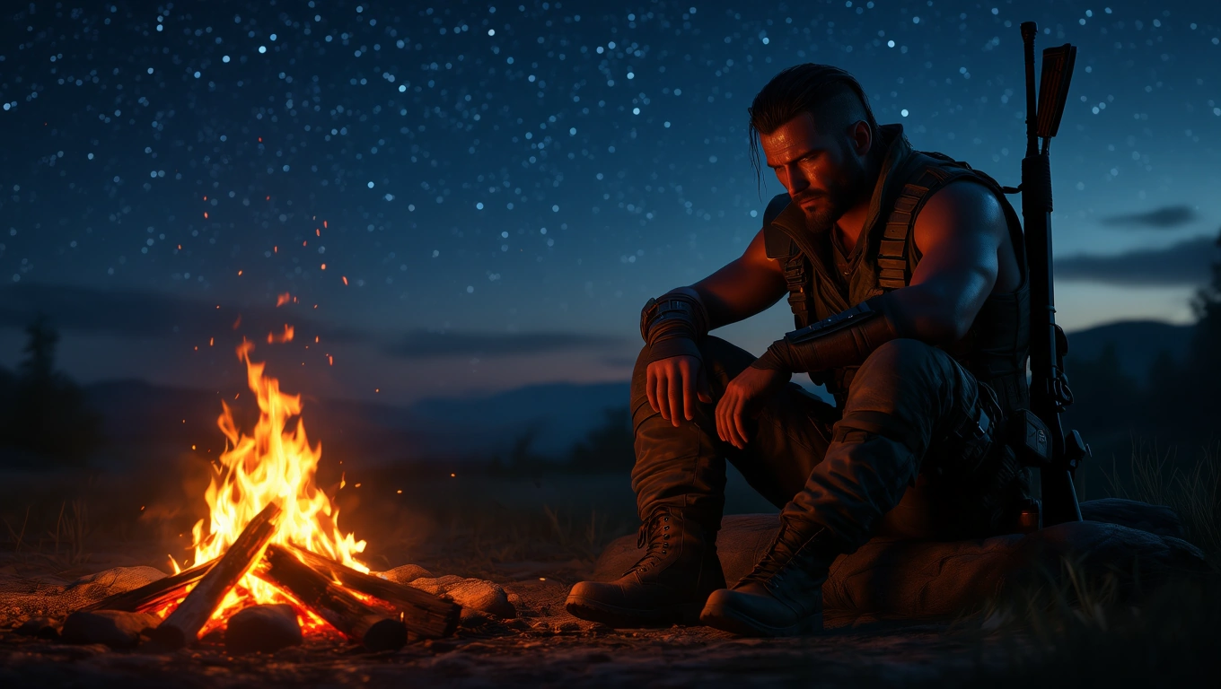 Mit jelent zsoldossal álmodni? – Részletes álomfejtés és értelmezés Egy zsoldos ül a tűz mellett, csillagos ég alatt, mély gondolatokkal.