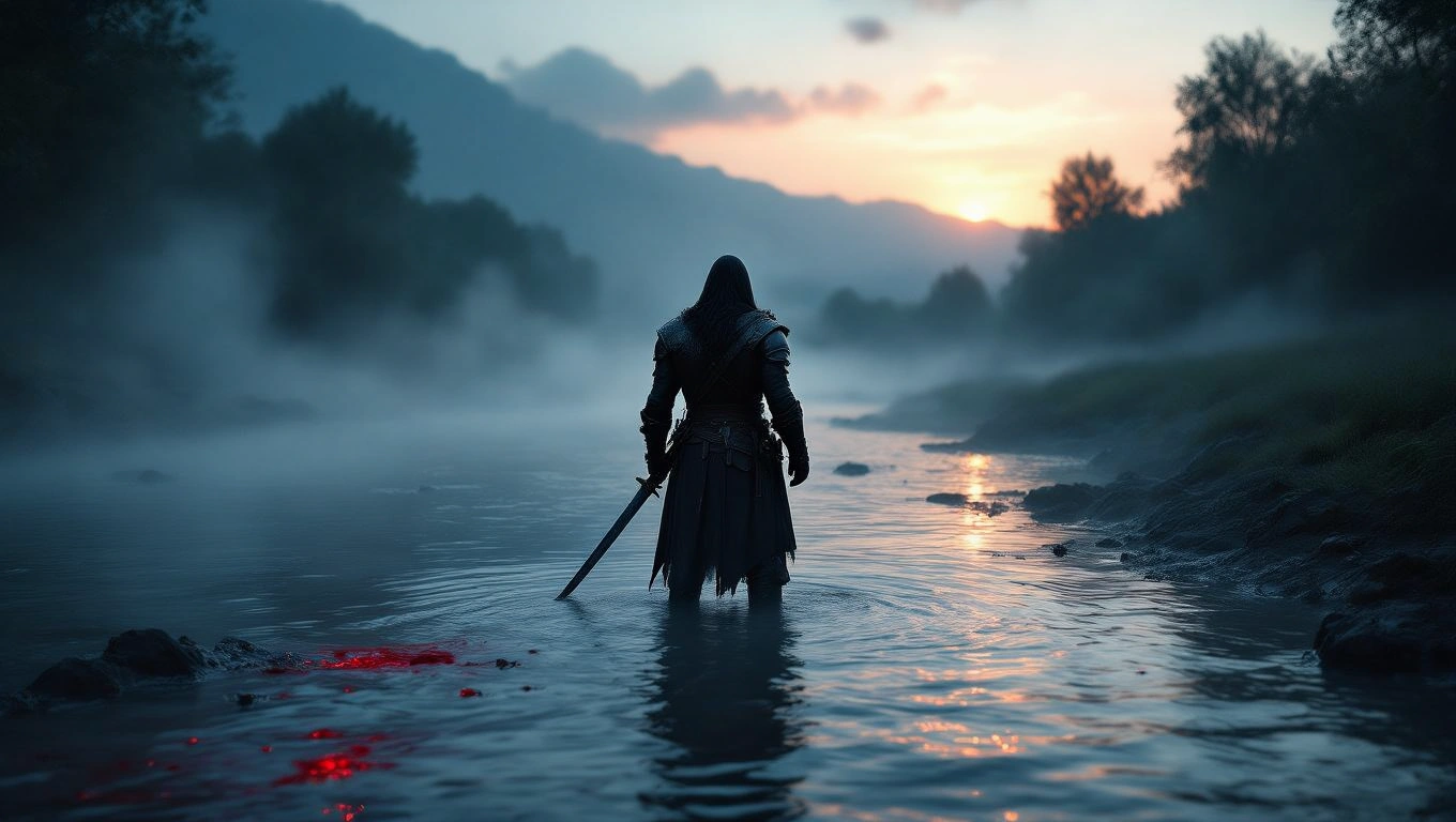 Mit jelent zsoldossal álmodni? – Részletes álomfejtés és értelmezés Egy zsoldos áll a vízben, háttal a nézőnek, a naplemente fényei között.