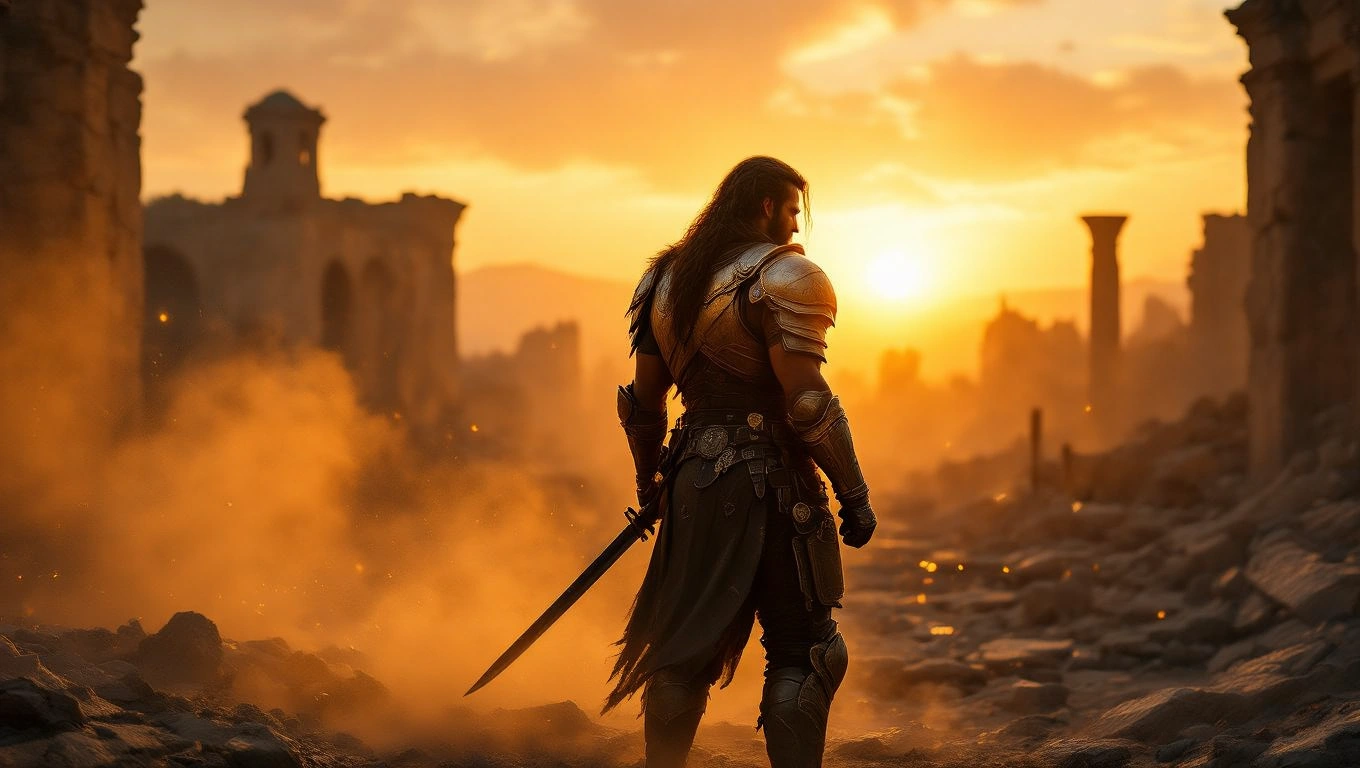 Mit jelent zsoldossal álmodni? – Részletes álomfejtés és értelmezés Egy zsoldos hátulról, naplementében, romos tájon áll, karddal a kezében.